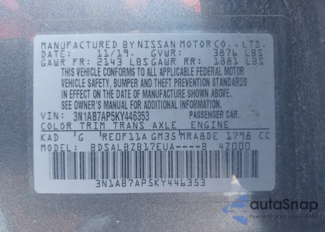 2019 Nissan Sentra S z USA, uszkodzony, nr VIN 3N1AB7AP5KY446353